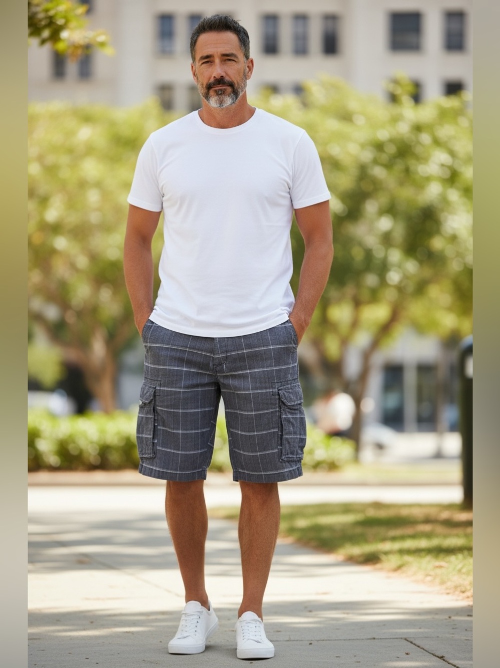 Burnside gray plaid cargo shorts with white grid, size 36